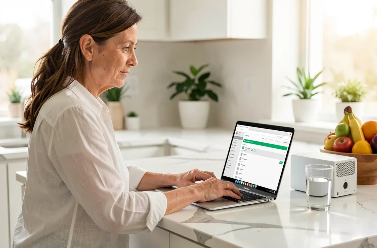 Femme accédant à distance à son NAS via VPN depuis son domicile en télétravail