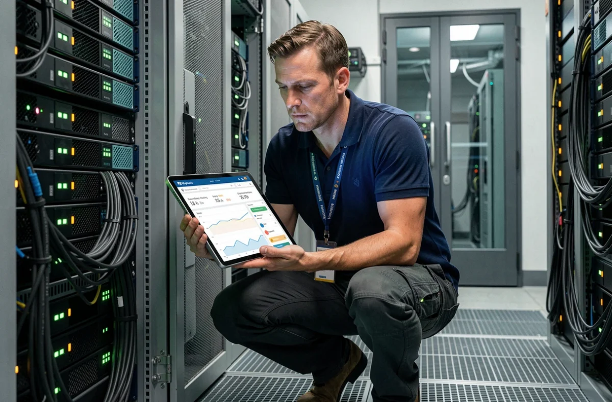 Administrateur système consultant les performances de base de données WordPress dans une salle de serveurs