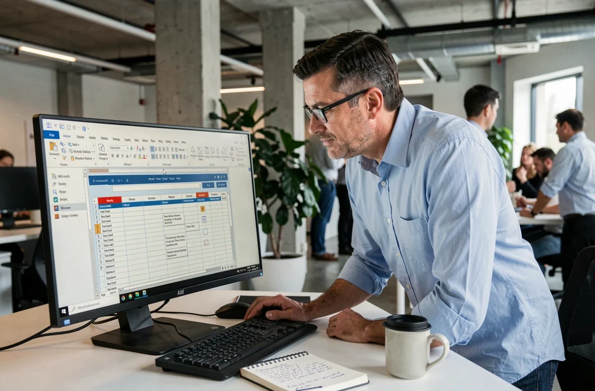 Homme consultant un agenda créé dans Word sur un grand écran dans un bureau professionnel moderne