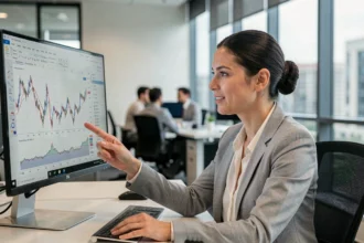 Femme professionnelle analysant des courbes de tendance sur un écran d'ordinateur dans un bureau moderne