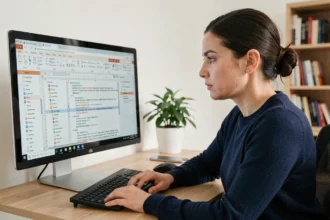 Une femme analyse la structure d'un site web avec un sitemap affiché sur son écran d'ordinateur