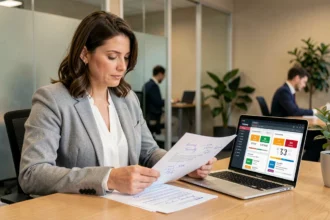 Femme analyste en cybersécurité consultant des notes de sécurité et un tableau de bord de vulnérabilités sur ordinateur portable au bureau