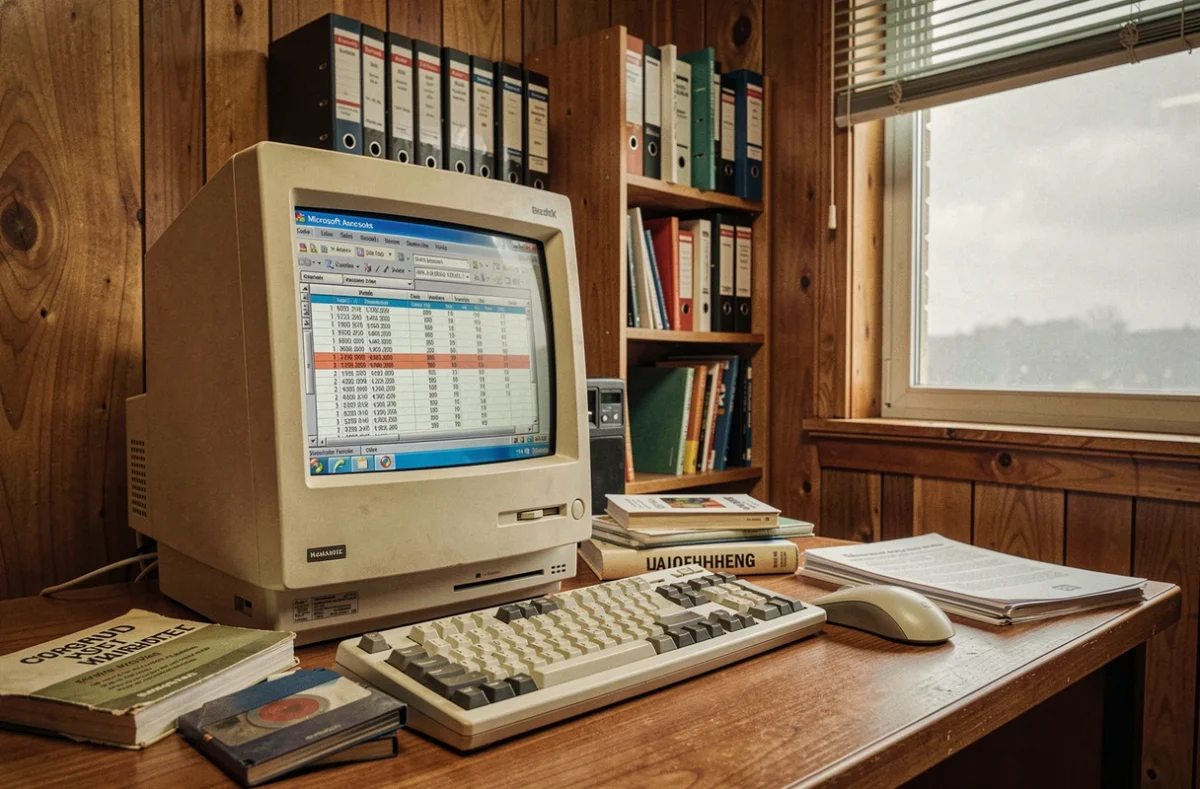 Ancien ordinateur de bureau affichant une base de données Microsoft Access entouré d'accessoires informatiques vintage, symbolisant l'ère révolue du logiciel