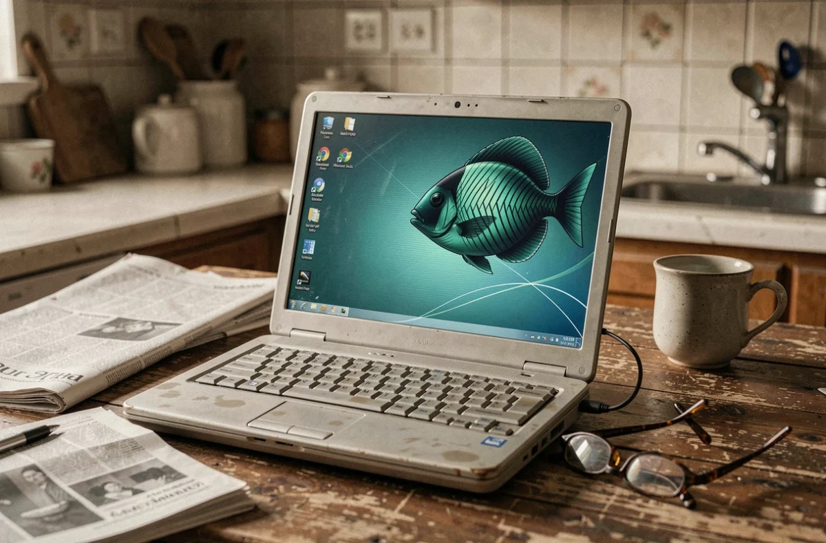 Un ancien ordinateur portable sous Windows 7 posé sur une table de cuisine, entouré d'objets du quotidien