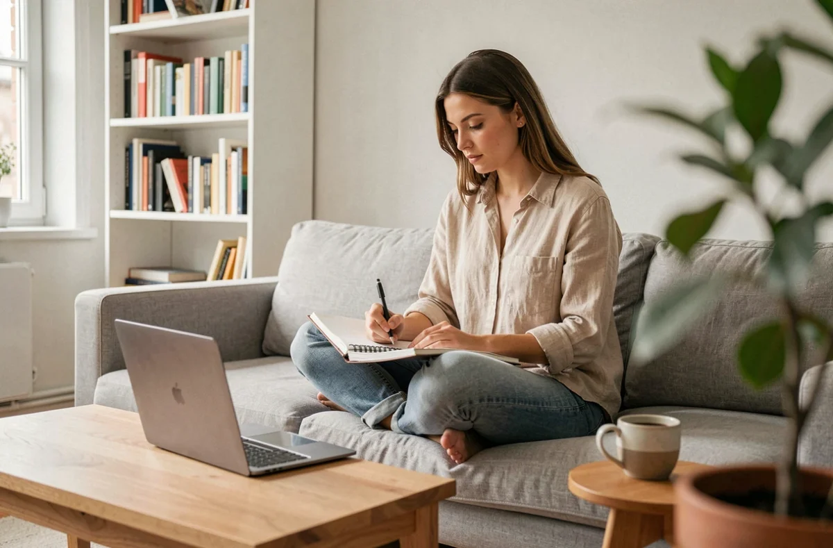 Jeune professionnelle planifiant la gestion de sa e-réputation avec un carnet et un ordinateur portable chez elle