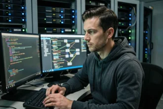 Analyste en cybersécurité examinant des lignes de code sur un écran de terminal dans une salle serveurs pour auditer les vulnérabilités informatiques