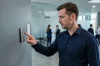 Homme utilisant un scanner d'empreinte digitale pour s'authentifier dans un bureau moderne, illustrant l'authentification biométrique