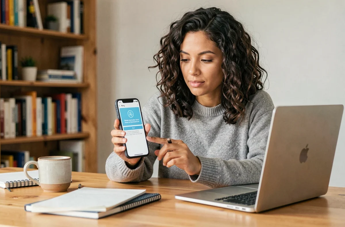Femme consultant un code d'authentification à deux facteurs sur son smartphone devant un ordinateur portable, dans un bureau à domicile