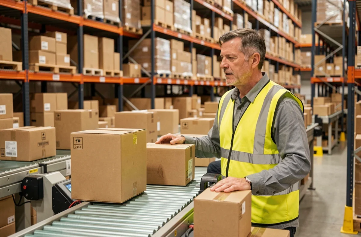 Travailleur surveillant un système de convoyeur automatisé dans un entrepôt logistique