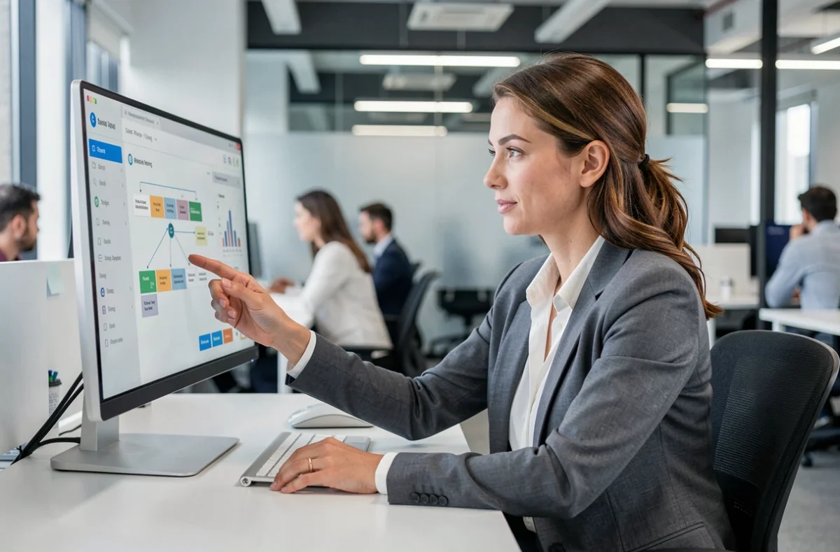 Femme utilisant un logiciel d'automatisation des processus métier sur un écran dans un bureau moderne