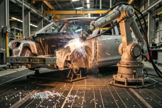 Bras robotique automatisé sur une ligne d'assemblage automobile dans une usine industrielle moderne