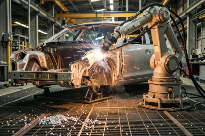 Bras robotique automatisé sur une ligne d'assemblage automobile dans une usine industrielle moderne