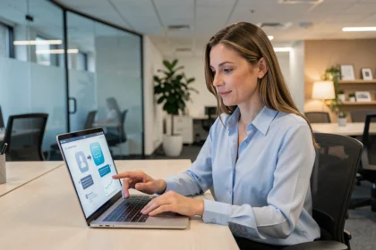 Une professionnelle interagissant avec un chatbot de service client sur un ordinateur portable dans un bureau moderne