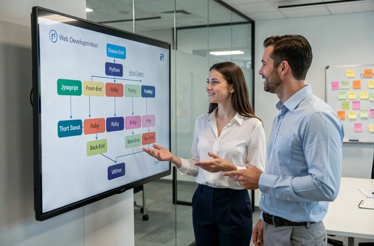 Deux développeurs collaborant devant un écran interactif présentant un comparatif de langages web
