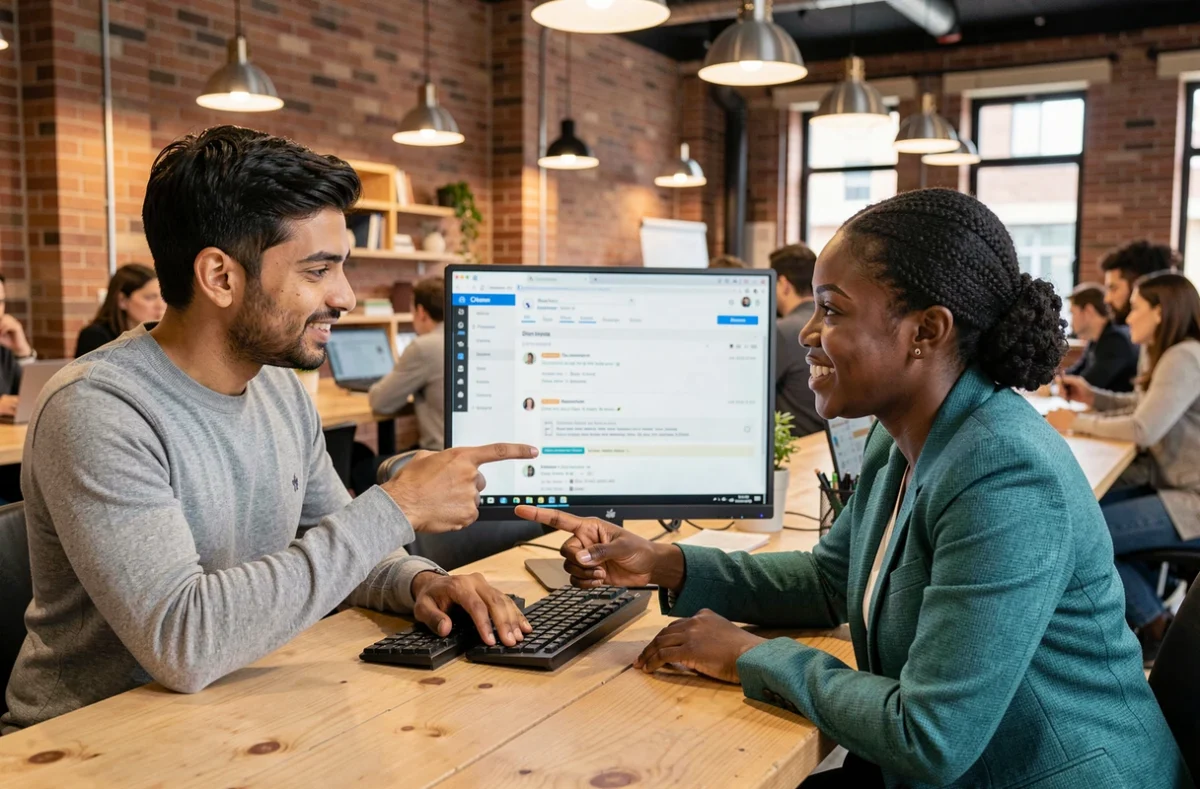 Deux développeurs web collaborant sur un projet de code dans un espace de coworking