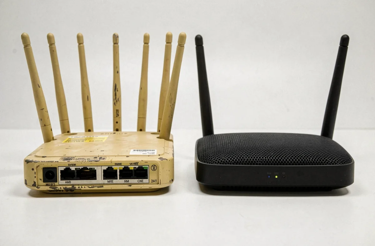 Comparaison entre un ancien routeur Wi-Fi legacy à boîtier jauni et un routeur moderne, illustrant l'évolution des standards de connectivité sans fil