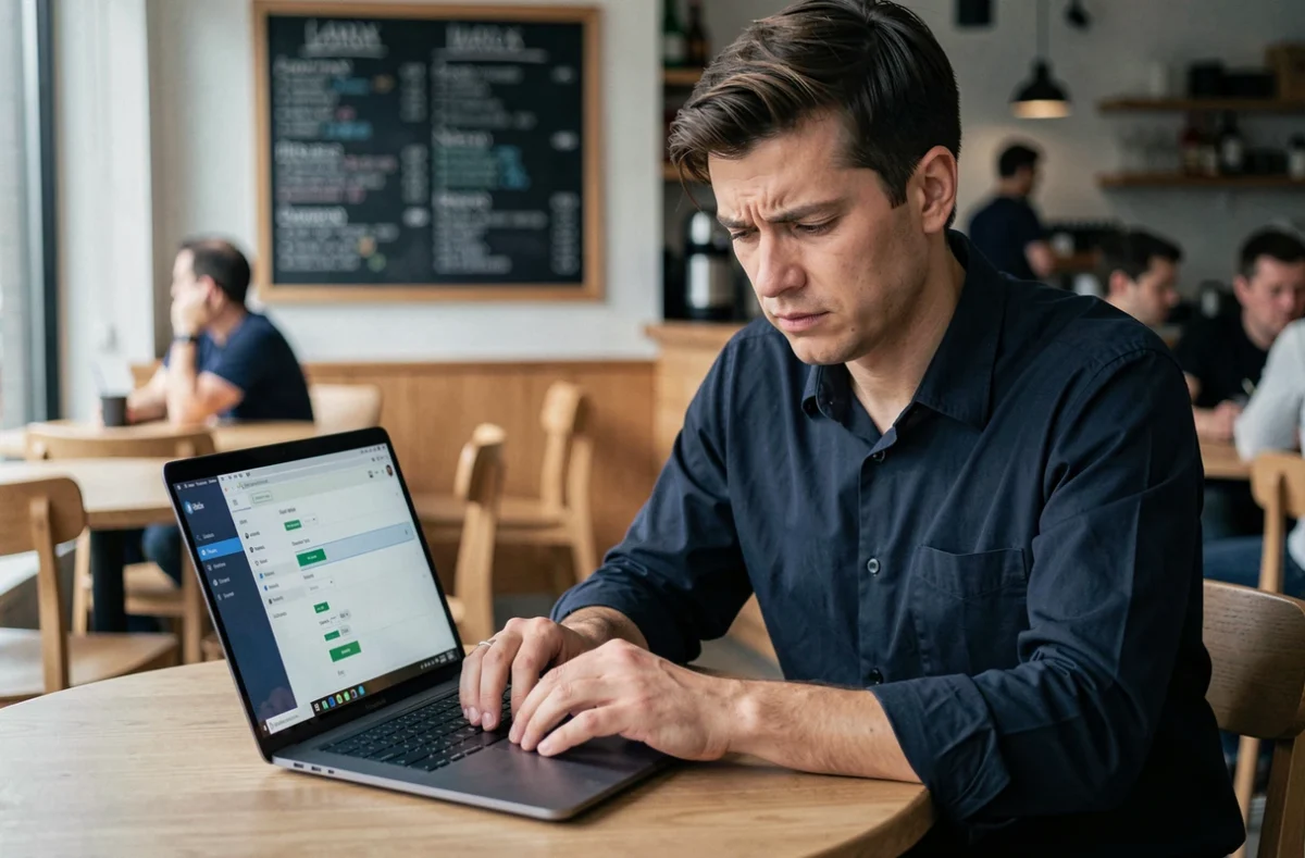 Homme dans un café vérifiant les paramètres de confidentialité d'une application de calendrier partagé sur son ordinateur portable, illustrant les préoccupations de sécurité liées à Timetree