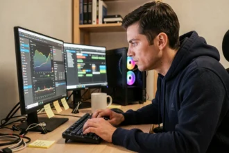 Ingénieur configurant le mode turbo du processeur sur un ordinateur de bureau avec des graphiques de performance CPU affichés à l'écran