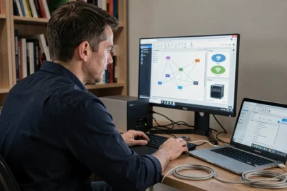 Administrateur réseau configurant un VPN sur un NAS depuis son bureau à domicile