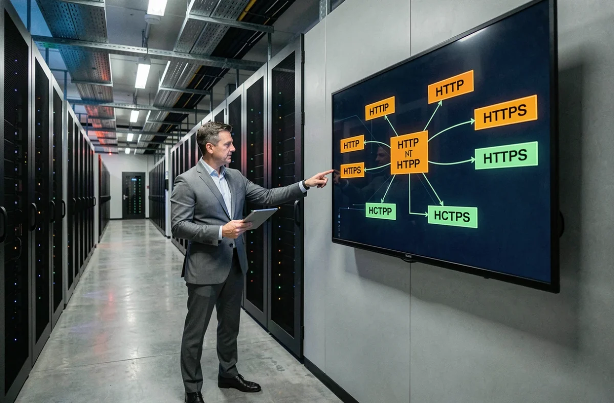 Consultant en sécurité informatique expliquant les risques du protocole HTTP dans une salle de serveurs