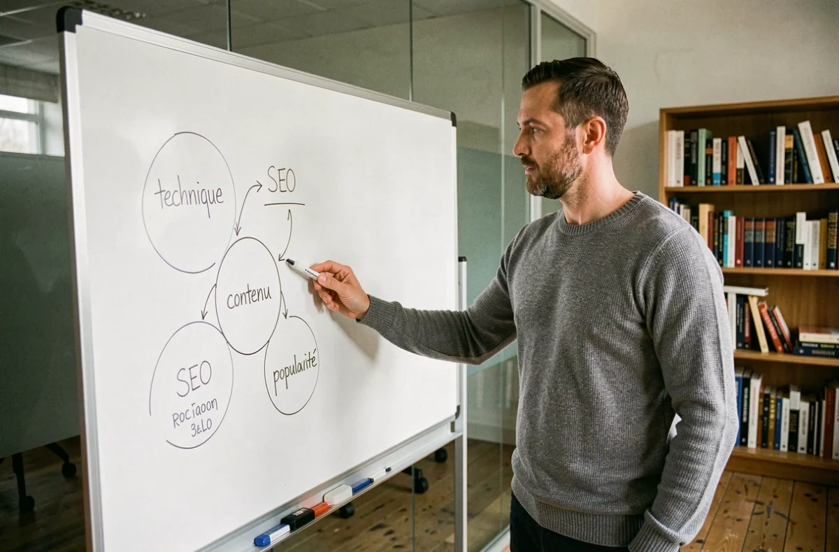 Consultant SEO expliquant les trois piliers du référencement naturel sur un tableau blanc dans une salle de réunion