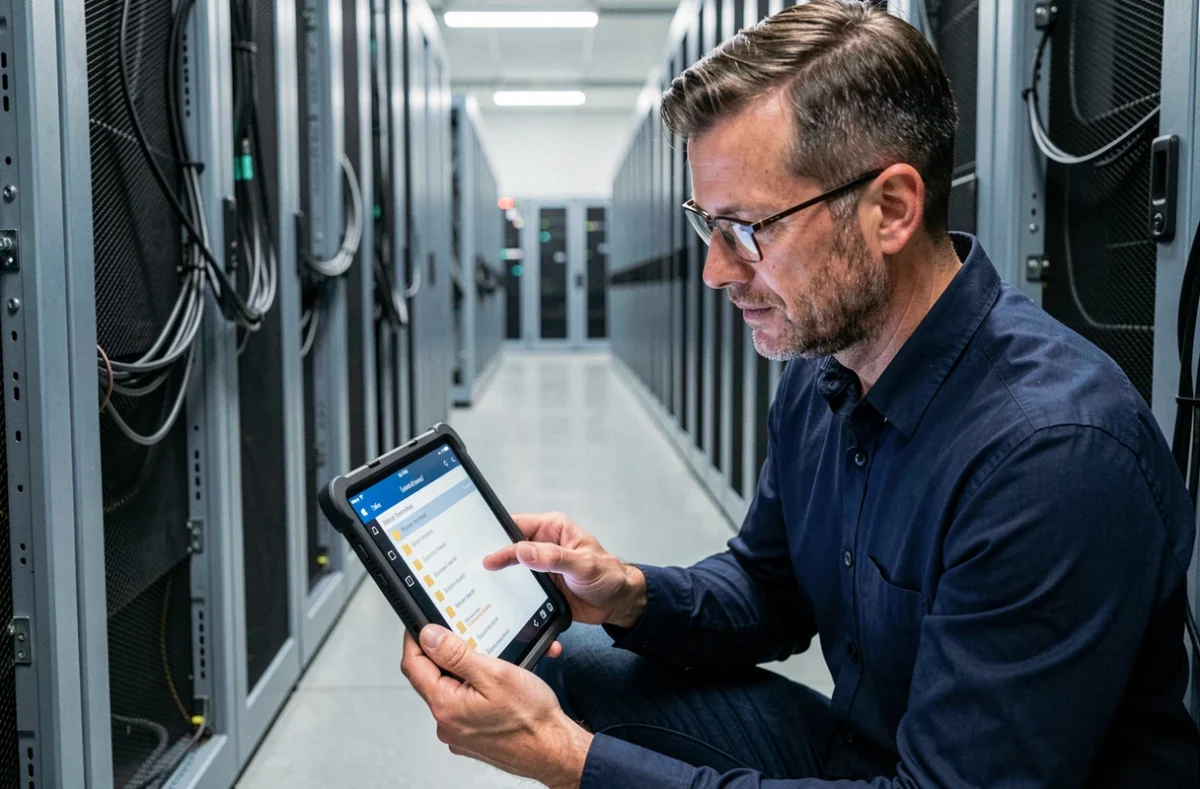 Technicien informatique consultant le contenu d'un fichier sur une tablette dans une salle de serveurs professionnelle