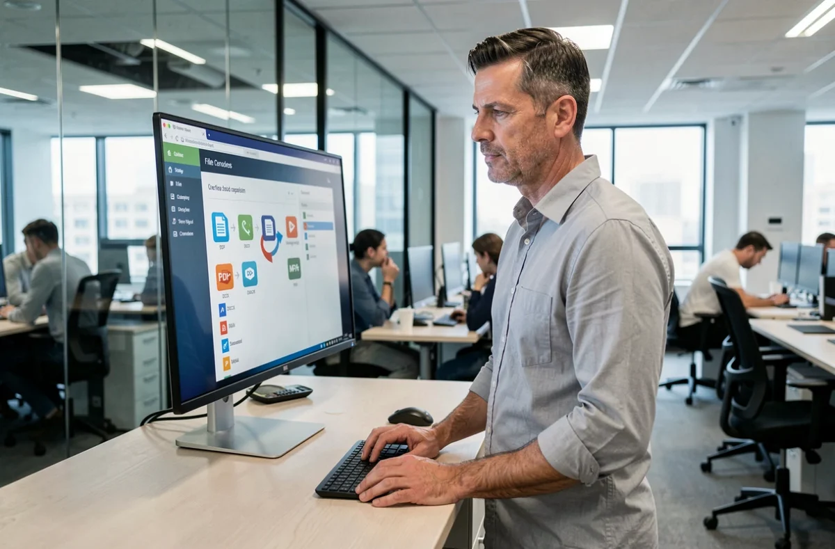 Homme professionnel utilisant un logiciel de conversion de fichiers dans un open space moderne