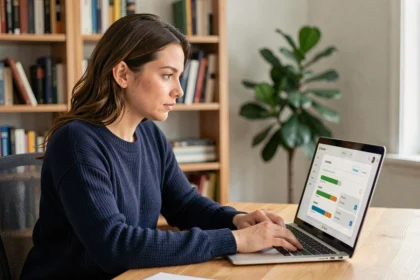 Femme convertissant un fichier sur son ordinateur portable dans un bureau à domicile