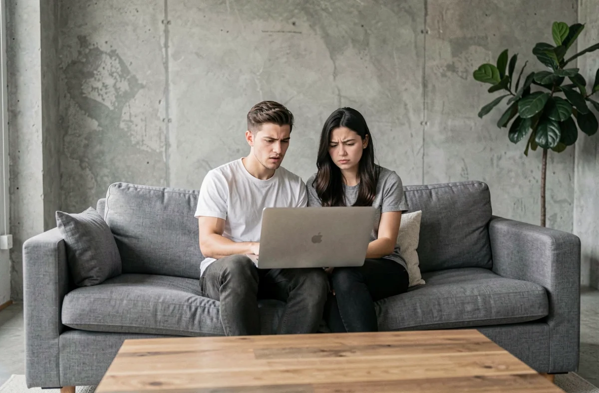 Couple regardant un ordinateur portable avec des réactions mitigées face à une publicité ciblée dans un salon moderne