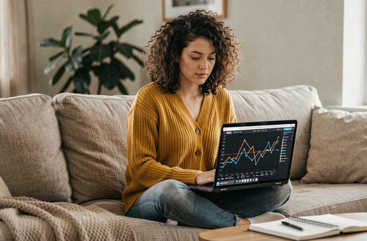 Jeune femme travaillant sur des courbes de tendance avec un logiciel de visualisation de données depuis son canapé