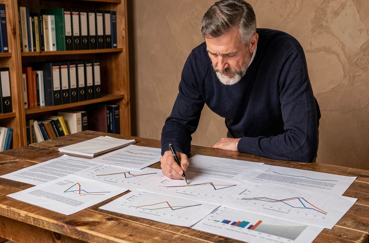 Homme annotant des courbes de tendance imprimées sur papier dans un bureau à domicile
