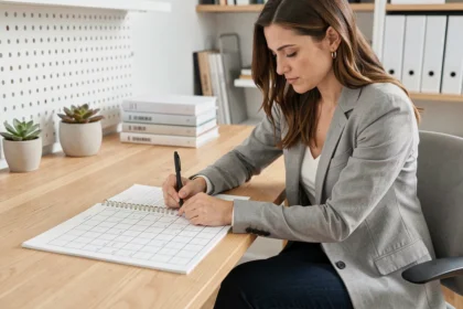 Femme créant un tableau de suivi dans un carnet sur un bureau en bois dans un bureau à domicile moderne