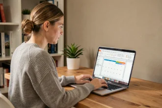 Femme créant un agenda dans Microsoft Word sur un ordinateur portable dans un bureau à domicile