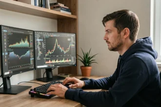 Développeur informatique analysant les graphiques d'utilisation du CPU sur deux moniteurs dans un bureau à domicile