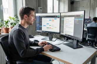 Développeur web analysant des schémas de bases de données WordPress sur un écran ultrawide dans un bureau moderne