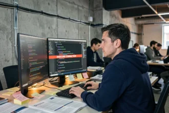 Développeur informatique face à un avertissement de connexion non sécurisée HTTP sur ses écrans de bureau