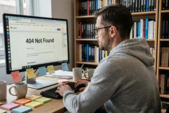 Développeur informatique face à une erreur 404 sur son écran d'ordinateur dans un bureau encombré