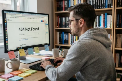 Développeur informatique face à une erreur 404 sur son écran d'ordinateur dans un bureau encombré