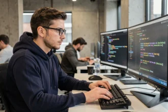 Développeur masculin concentré tapant du code Python sur un double écran dans un bureau tech moderne