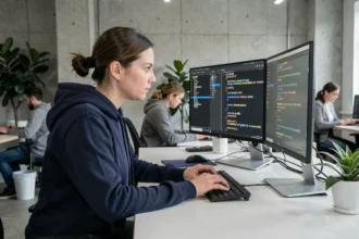 Développeuse logicielle analysant des résultats de tests sur deux écrans dans un bureau tech moderne