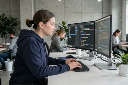Développeuse logicielle analysant des résultats de tests sur deux écrans dans un bureau tech moderne