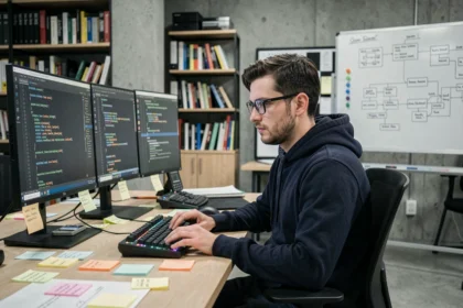 Développeur web masculin concentré devant deux écrans affichant du code dans un bureau moderne