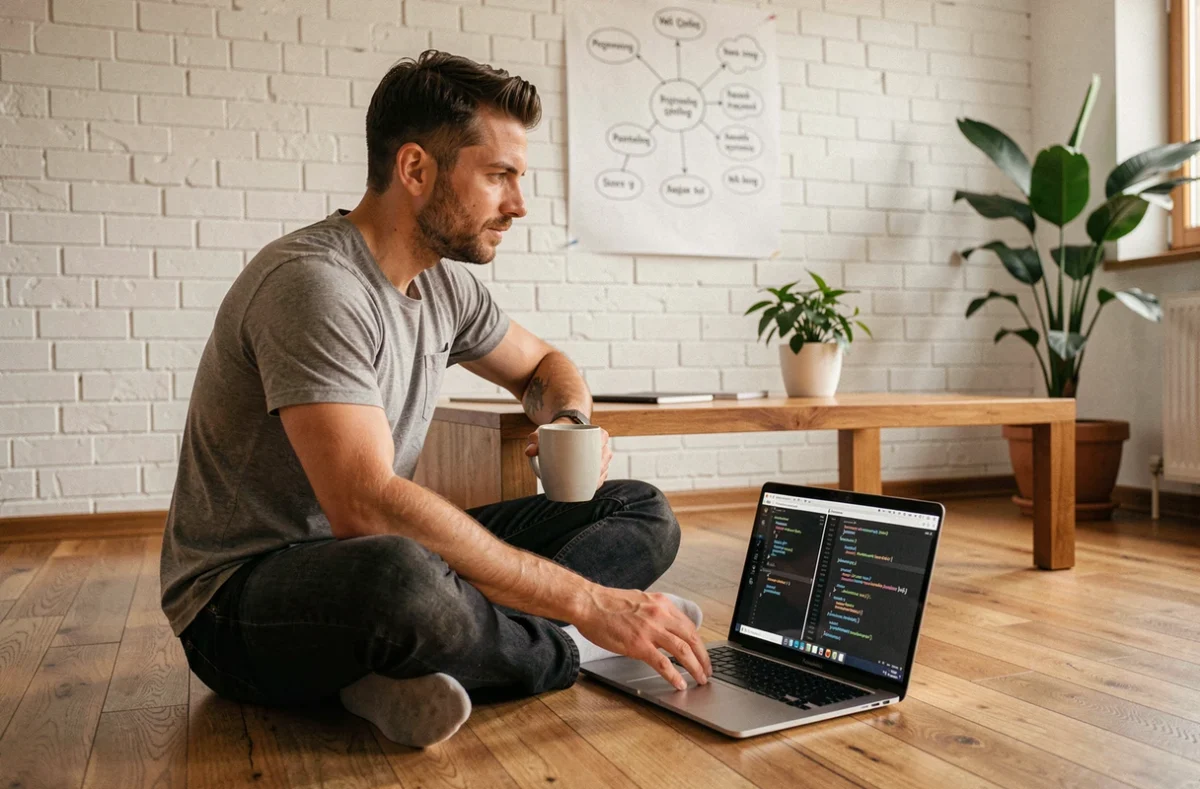 Développeur web travaillant sur son laptop à domicile avec un comparatif de langages de programmation au mur