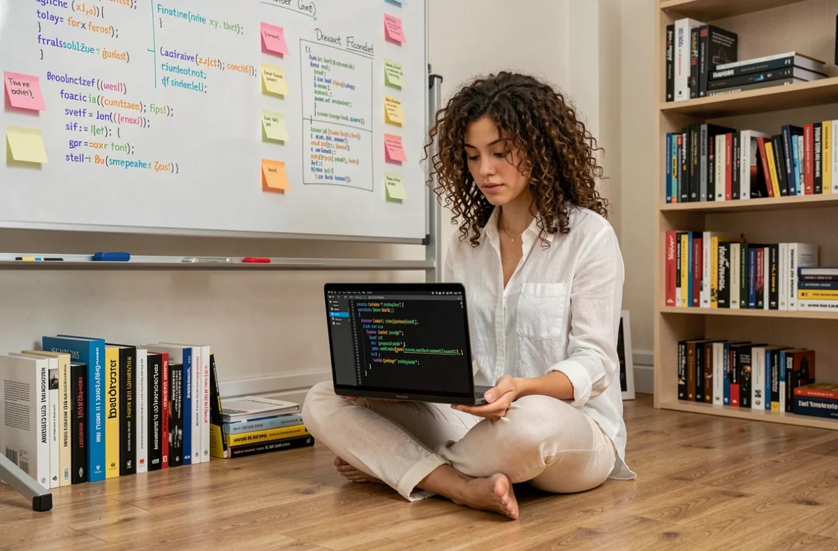 Développeuse assise sur un parquet en bois avec un laptop affichant du code JavaScript dans un bureau à domicile minimaliste