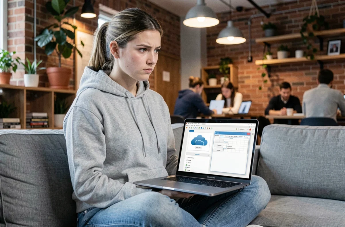 Jeune développeuse comparant Microsoft Access à une solution cloud moderne sur son ordinateur portable dans un espace de coworking