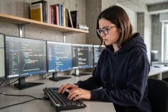 Développeuse web concentrée tapant du code sur plusieurs moniteurs dans un bureau moderne