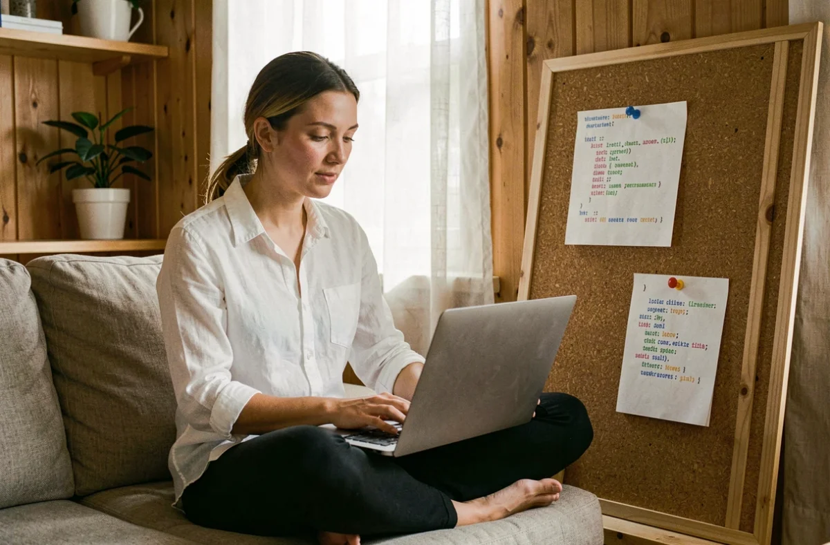 Développeuse web travaillant depuis chez elle avec du code affiché sur un ordinateur portable