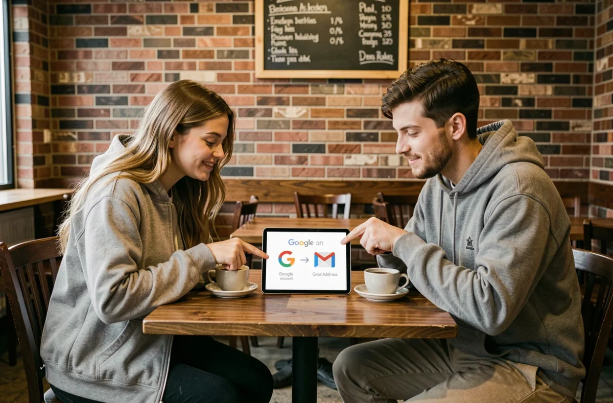 Deux personnes dans un café discutant de la différence entre un compte Google et une adresse Gmail sur une tablette
