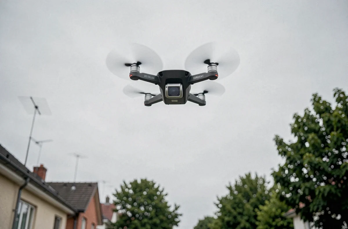 Vue depuis le sol d'un drone quadricoptère survolant une rue résidentielle, illustrant la surveillance aérienne