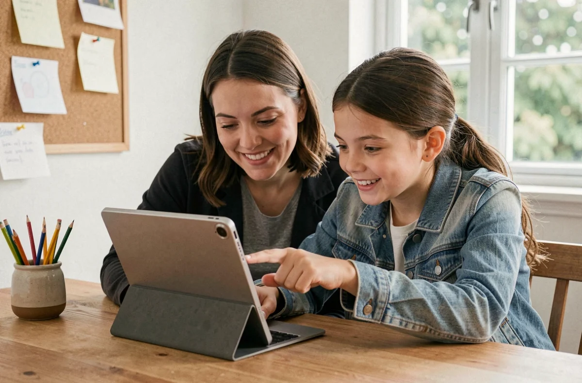 Femme et jeune fille comparant ensemble l'ergonomie d'une tablette numérique sur un bureau à domicile, expression joyeuse et collaborative
